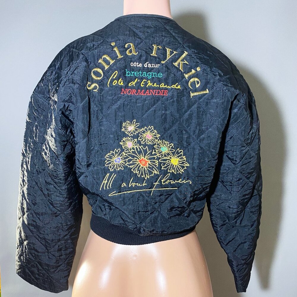 Rare Sonia Rykiel Quilted Embroidered Black Bomber Jacket “All About Flowers"